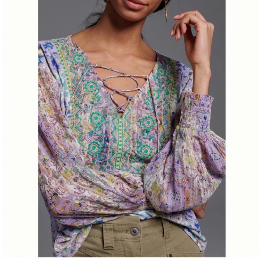 Anthropologie Odetta Shimmer Embroidered Top Shirt Blouse M - Picture 4 of 12